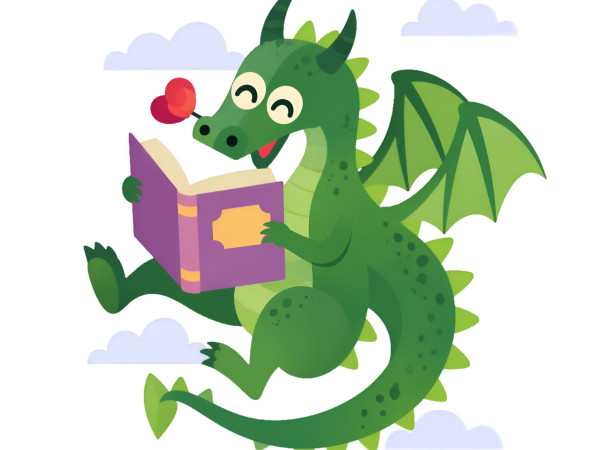 Drac de Sant Jordi llegint un llibre i amb una rosa a la boca