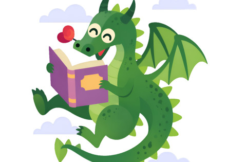 Drac de Sant Jordi llegint un llibre i amb una rosa a la boca