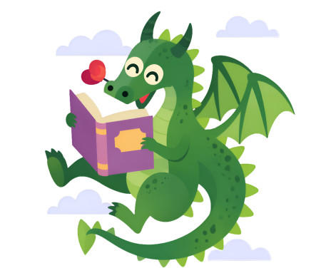 Drac de Sant Jordi llegint un llibre i amb una rosa a la boca