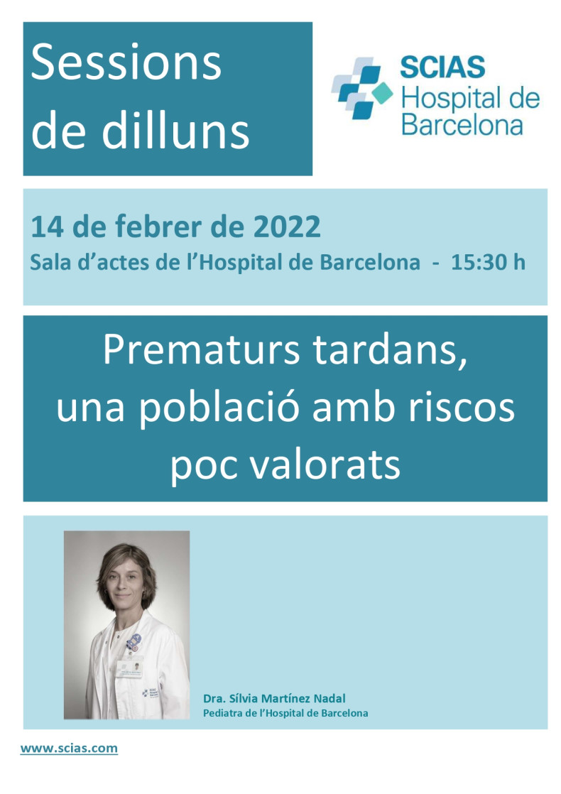 Anunci 14 de febrer de 2022, Sala d'actes 15:30h, Prematurs tardans, una població amb riscos poc valorats