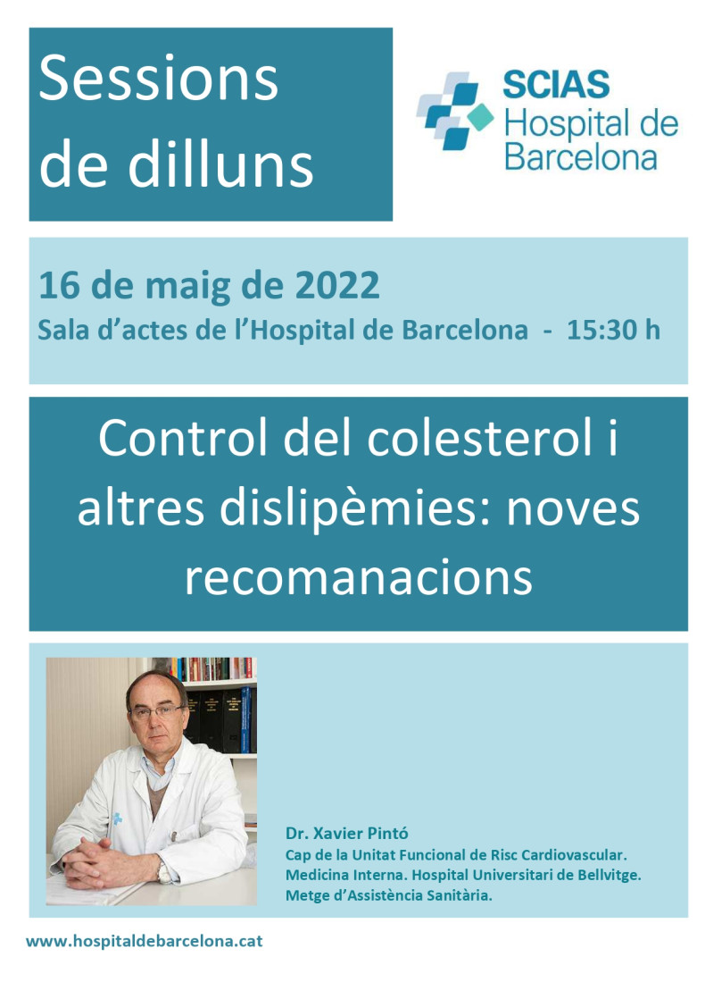 Anunci 16 de maig de 2022, Sala d'actes 15:30h, Control del colesterol i altres dislipemies: noves recomanacions