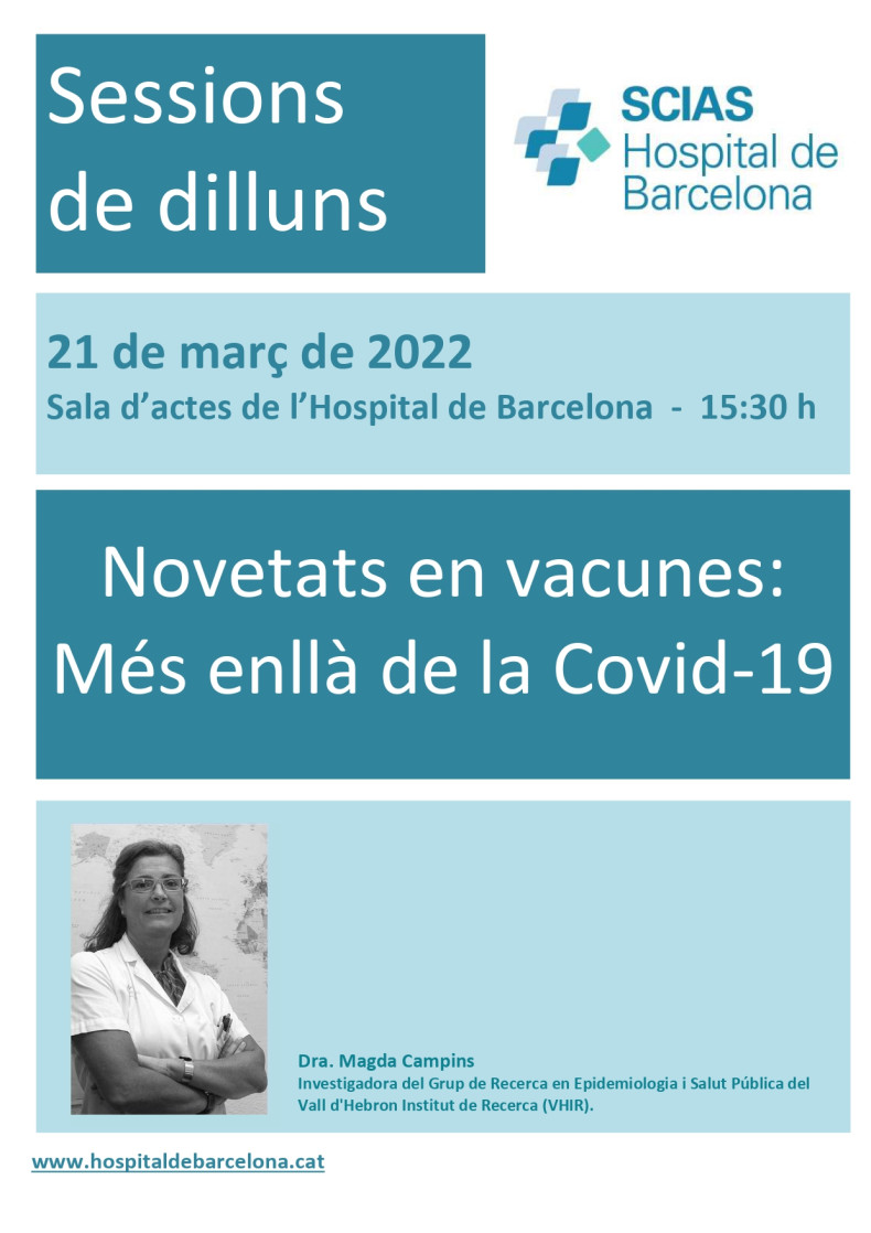 Anunci 21 de març de 2022, Sala d'actes 15:30h, Novetats en vacunes: Més enllà de la Covid-19